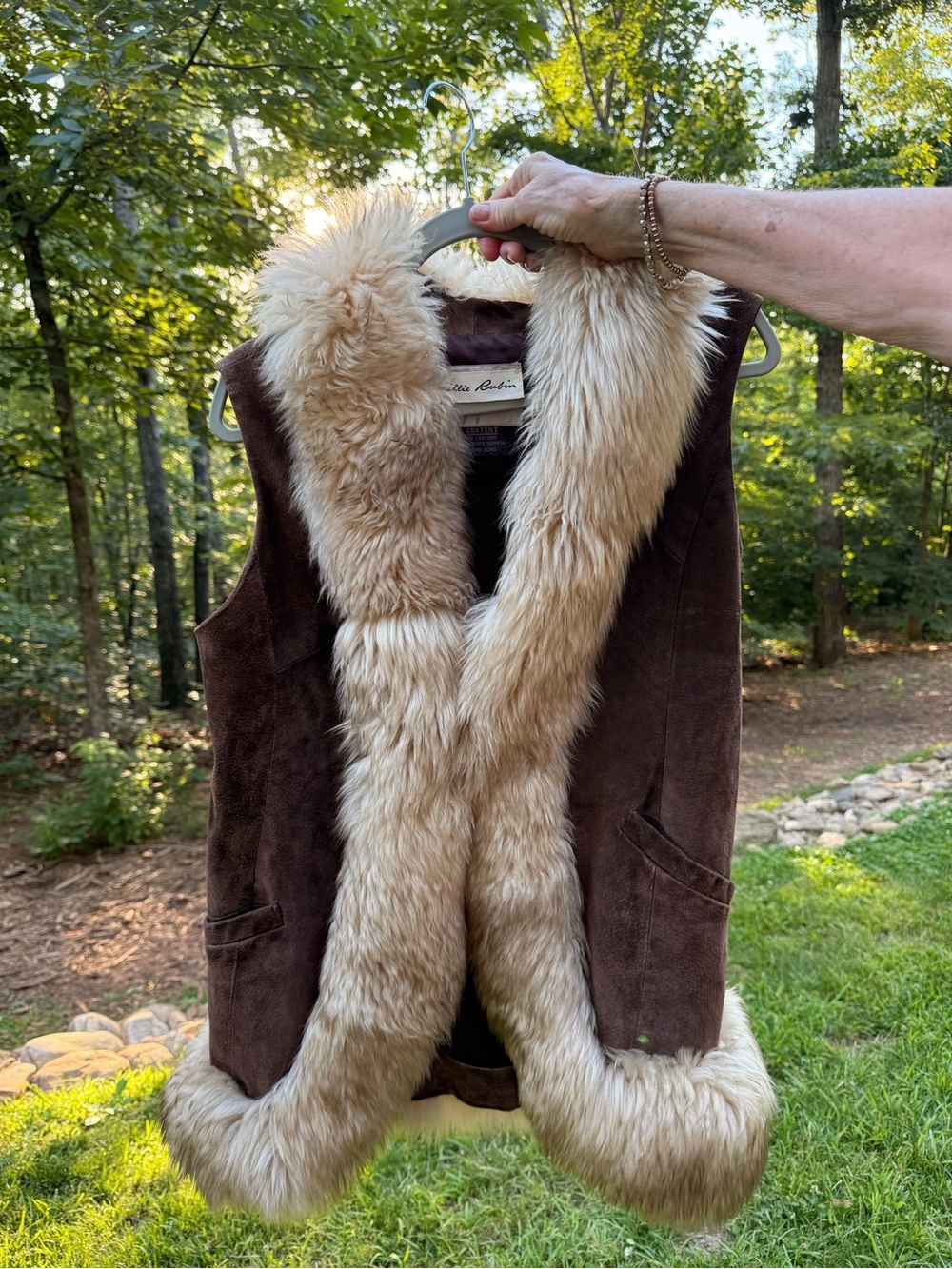 Lillie Rubin Brown Leather Vest with Cream Mongolian lamb Fur Trim